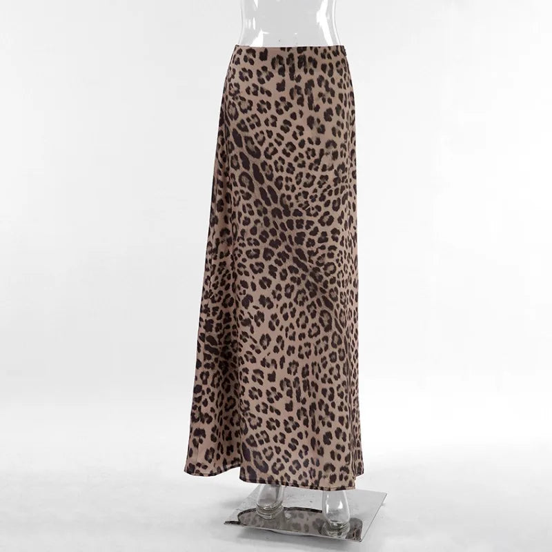 DEEPTOWN Vintage Long Leopard Skirt Women Sexy Streetwear High Waist A-line Slim Print Maxi Mermaid Skirt Summer Party Club