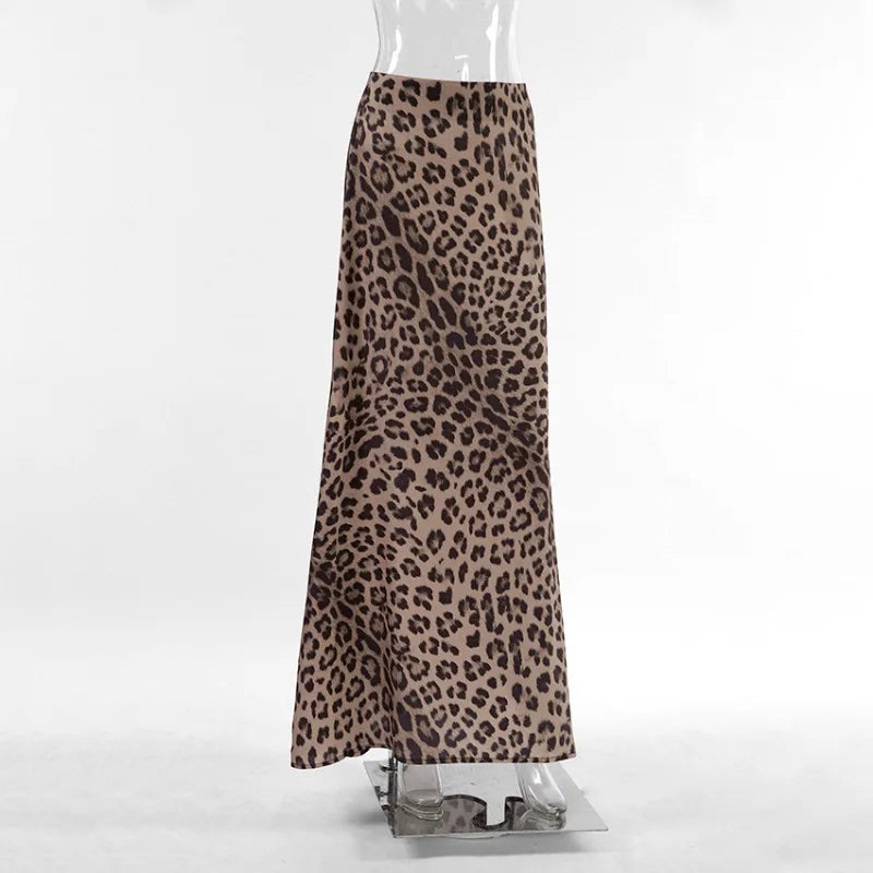 DEEPTOWN Vintage Long Leopard Skirt Women Sexy Streetwear High Waist A-line Slim Print Maxi Mermaid Skirt Summer Party Club