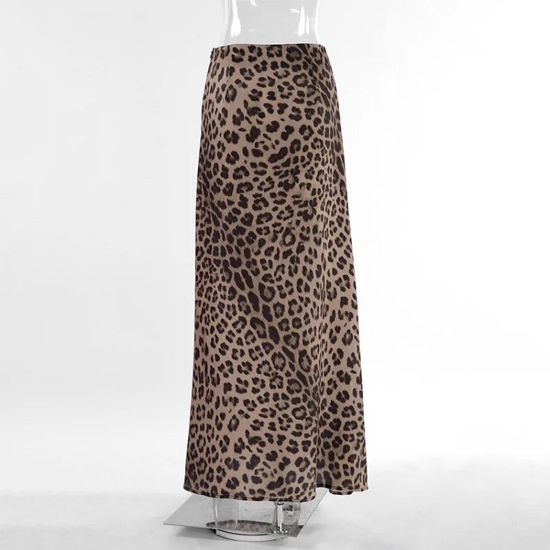 DEEPTOWN Vintage Long Leopard Skirt Women Sexy Streetwear High Waist A-line Slim Print Maxi Mermaid Skirt Summer Party Club