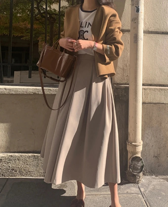 Chic Pleated Pockets Suits Skirts Office Ladies 2024 Spring Summer Korean A-Line Loose Casual Women High Waist Midi Skirt L901C