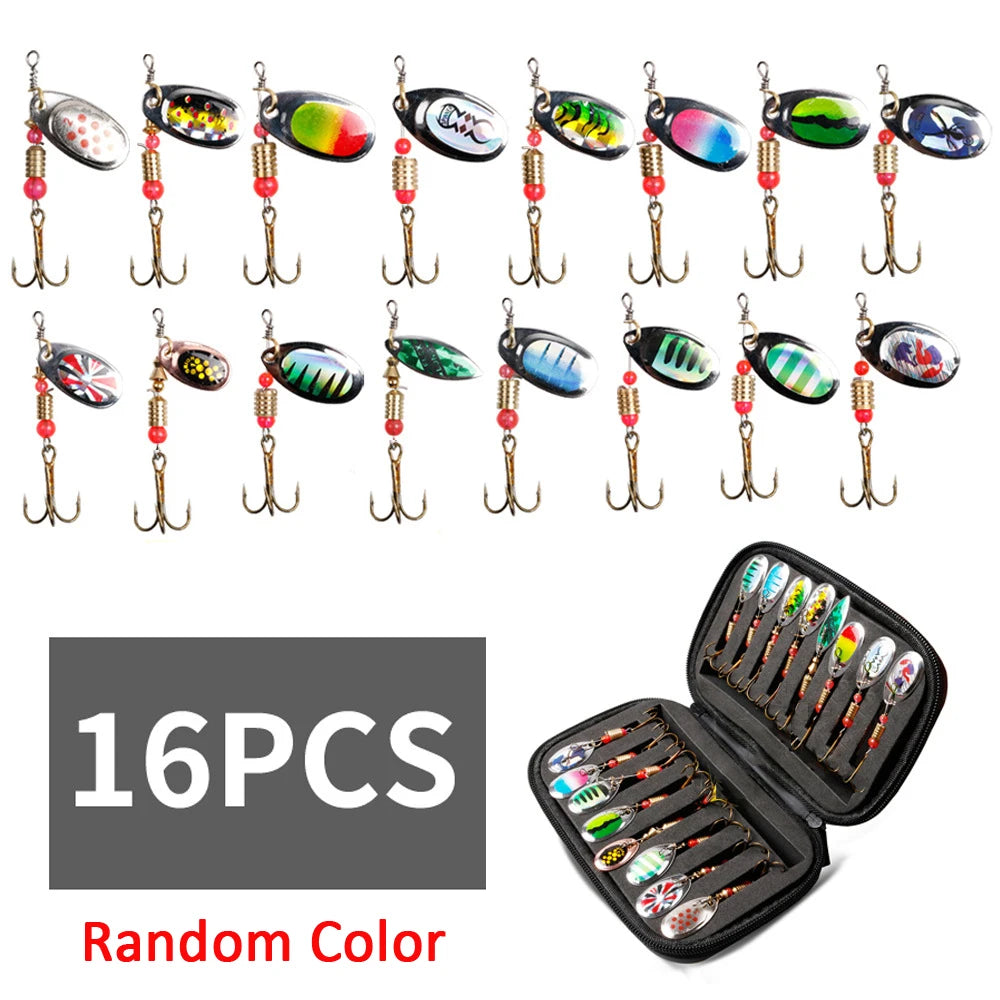 16Pcs Metal Spinner Set With Feather Treble Hooks EVA Lure Bag Trout Bass Salmon Pike Spoon Combo Fishing Spinner Kit with bag