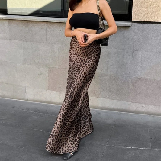 DEEPTOWN Vintage Long Leopard Skirt Women Sexy Streetwear High Waist A-line Slim Print Maxi Mermaid Skirt Summer Party Club