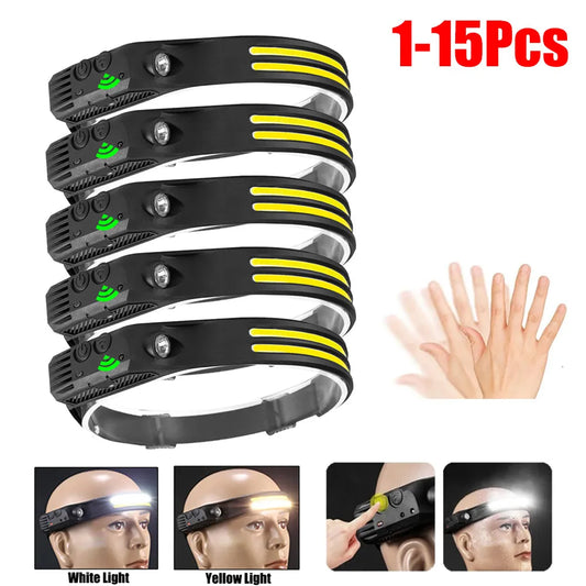 1-15Pcs LED Induction Headlamp USB Rechargeable Head Flashlight Powerful Camping Head Lantern Fishing Headlight 18650 Battery