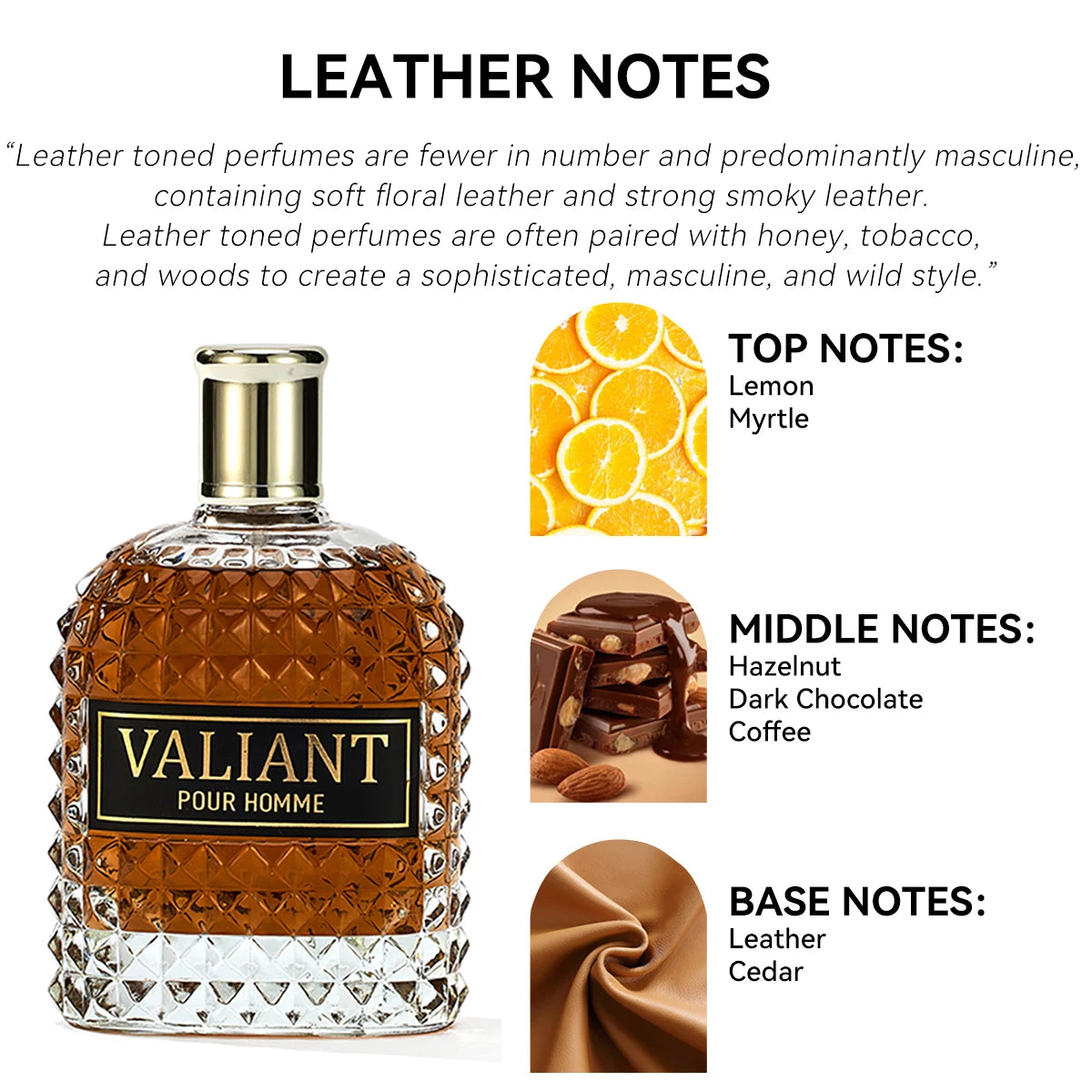 100ML 3.4FL.OZ Leather Notes Men's Eau de Parfum, Woody, Nutty, Warm, Spicy, Chocolate Scent, Male's Fragrance Spray for Man